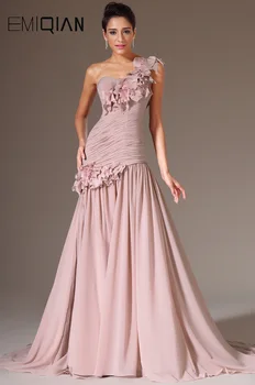 

Freeshipping New Fashion One Shoulder Chiffon Evening Gown Evening Dresses with Flowers