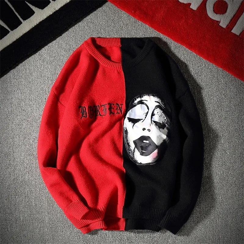 pullovers font b Sweater b font Male Teenage Personality grimace Clown Red Black contrast color Loose