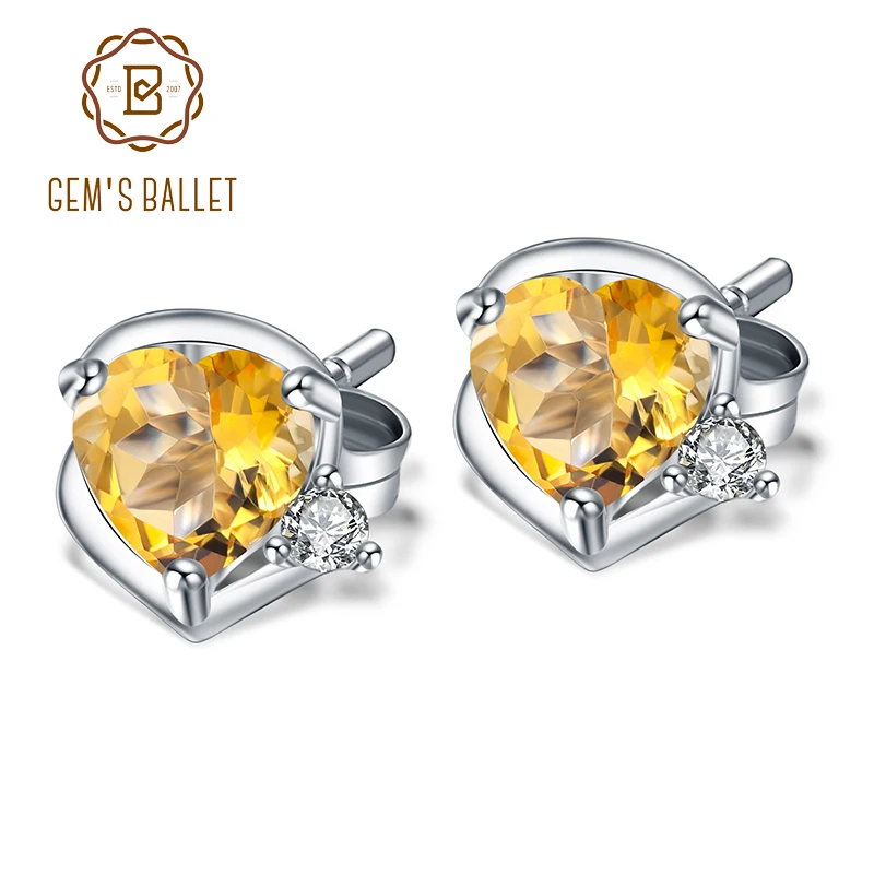 

GEM'S BALLET 925 Sterling Silver Birthstone Stud Earrings 1.56Ct Natural Citrine Gemstone Heart Earrings for Women Fine Jewelry