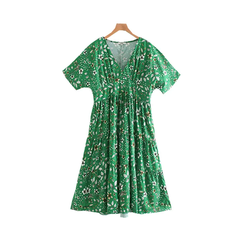 

Women Floral Print Summer Dress Short Sleeve Deep V Neck Midi Dress