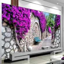 Foto Papel De Parede 3D Estéreo Flores Roxas Tijolo Murais Moderna Rua 3 Pano de Parede Revestimento de Parede do Quarto Sala de estar Decoração de Casa D