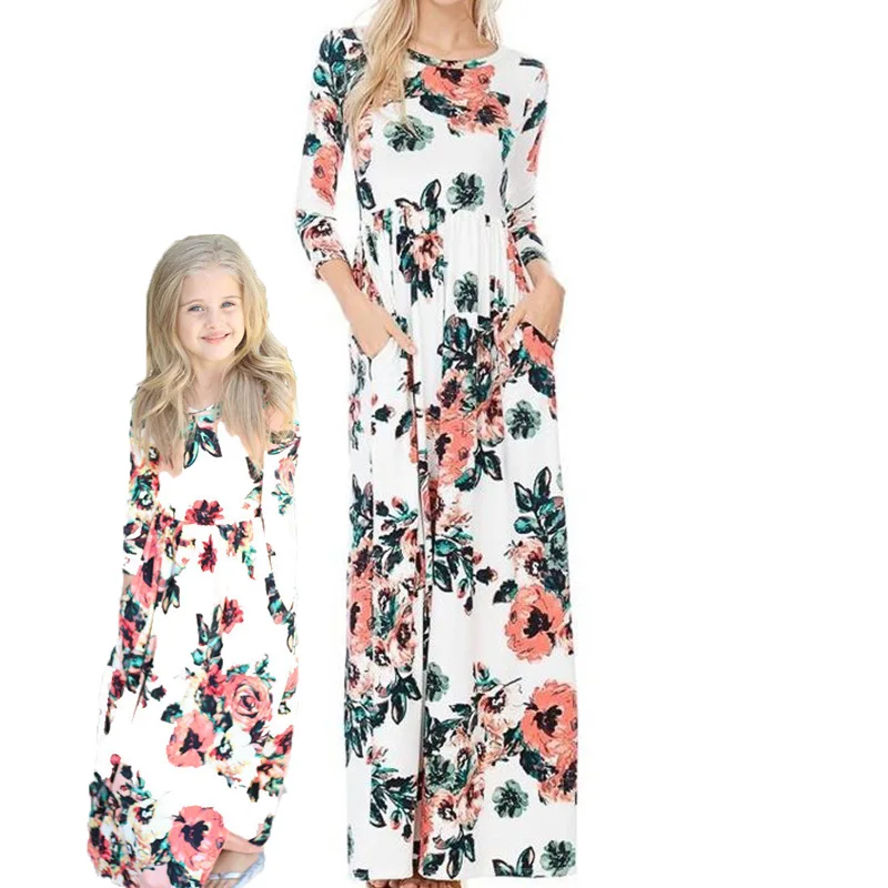 

Mother Daughter Dresses Floral Print Bohemian Long Dress Girls and Moms Boho Beach Maxi Dress Matching Family Outfits Plus Size