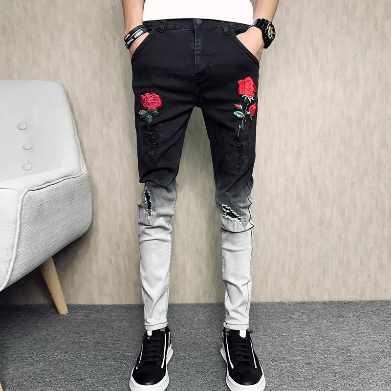 

New Arrival Men's Rose Embroidered Slim Jeans Patchwork Fashion Hole Hit Color Jeans Pencil Pants