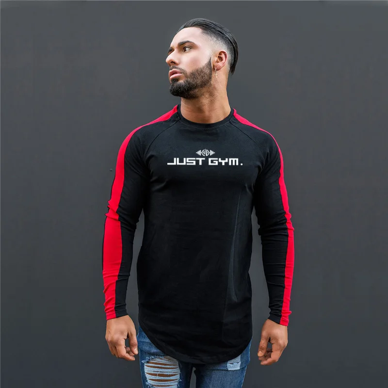 Brand Men Long sleeves cotton t shirt autumn Patchwork raglan sleeve fashion clothing Slim fit elasticity Fitness tees shirts - Цвет: black red