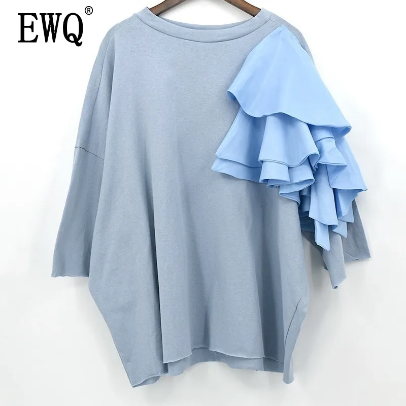 

[EWQ] New 2019 Summer Fashion Ruffles Side Stitching Half Sleeve Short-type round collar loose T-Shirt women Y256