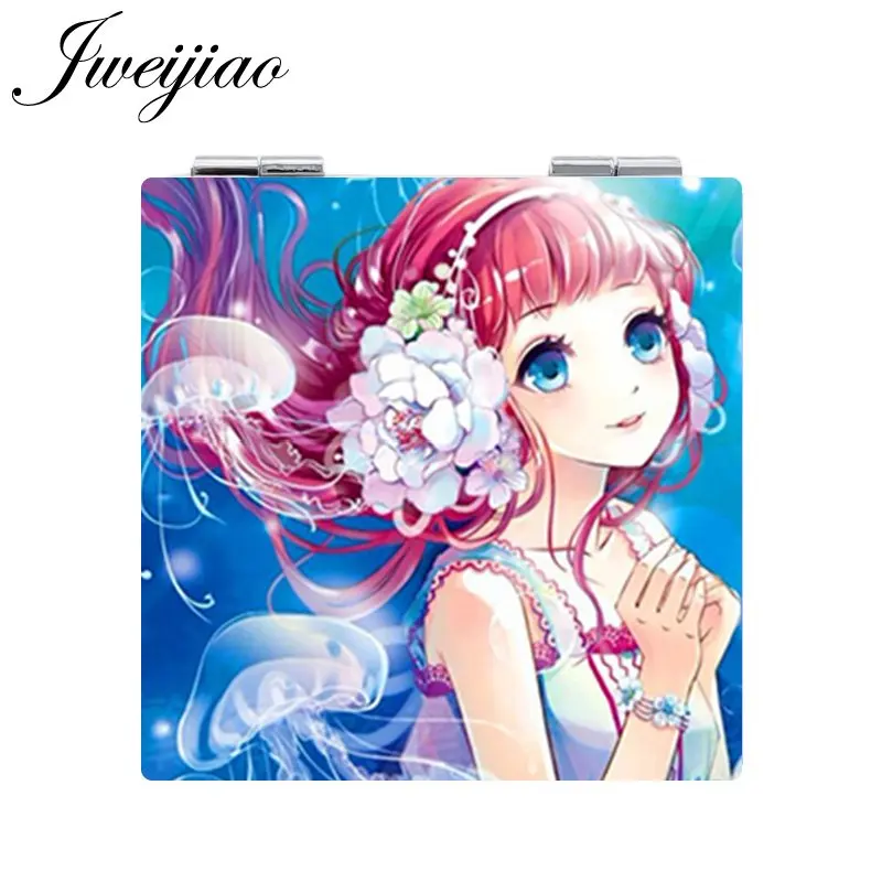 

JWEIJIAO Photo Printed on PU Leather Square Makeup Mirror 1X/2X Magnifying Compact Mini Folding Portable Pocket Mirror espejo