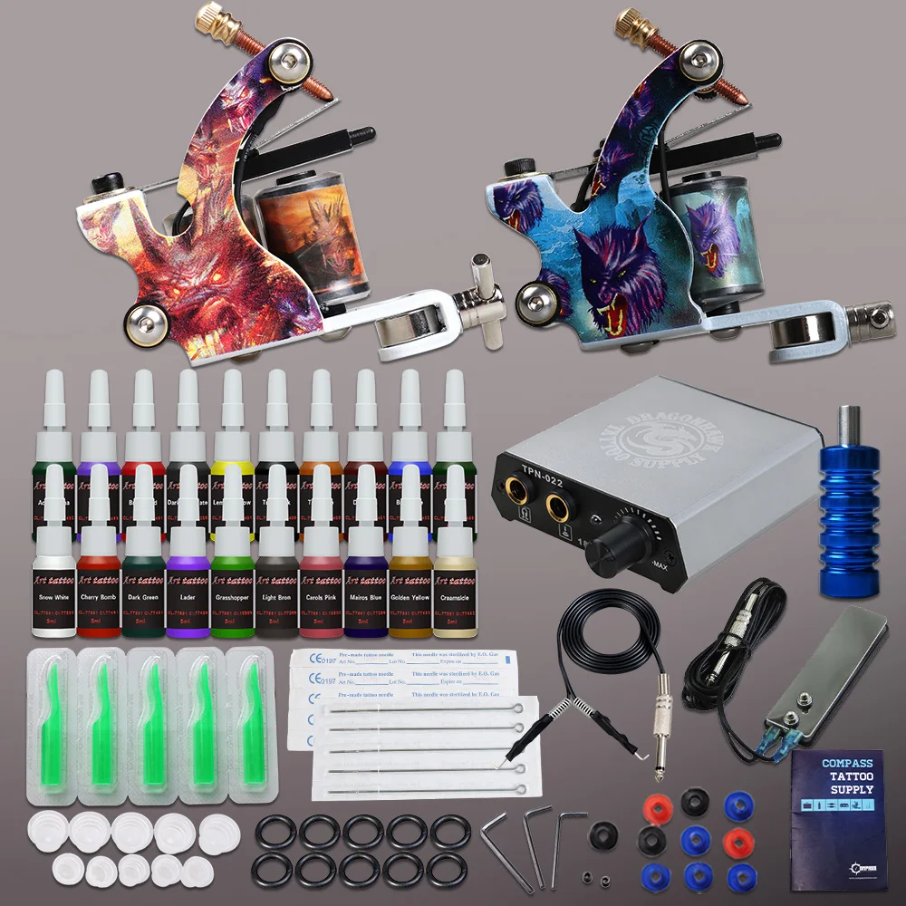 

Beginner Complete Tattoo Kit 2 Machine Guns 20 Color inks Tip Power Supply Set Needles Grip