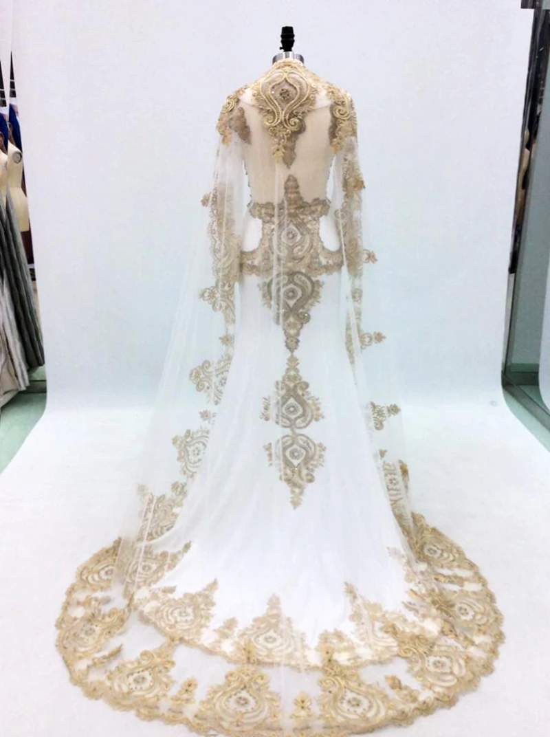 Burgundy Mermaid Evening Dresses Long 2019 Gold Embroidery Beading With Cape Long Sleeves Muslim Formal Party Evening Gown