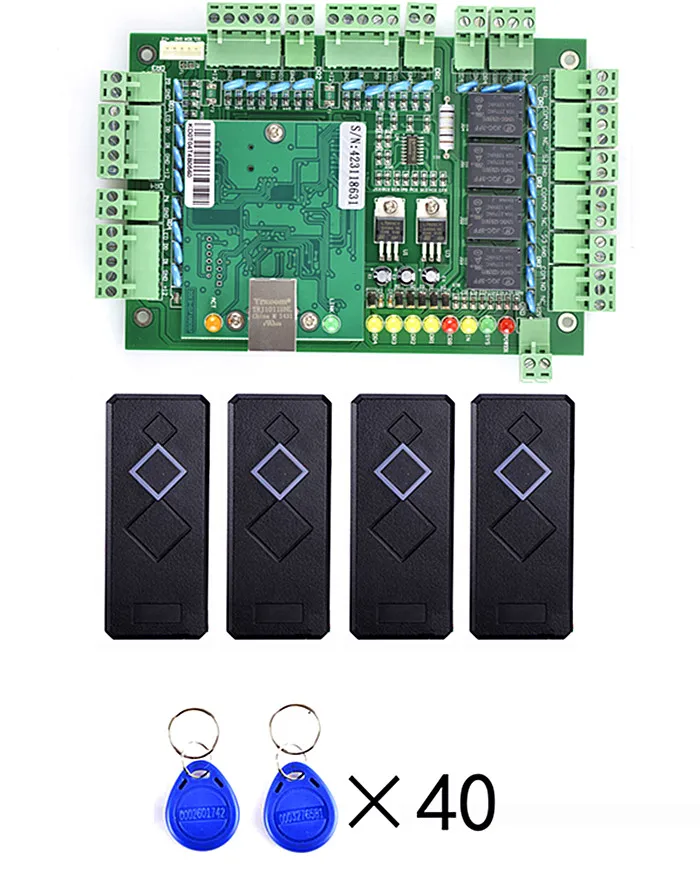 

4 Pcs Card Reader +40 Pcs Key Card +Four Door TCP/IP Network Access Control Board Green Board for Door Access Control System T04