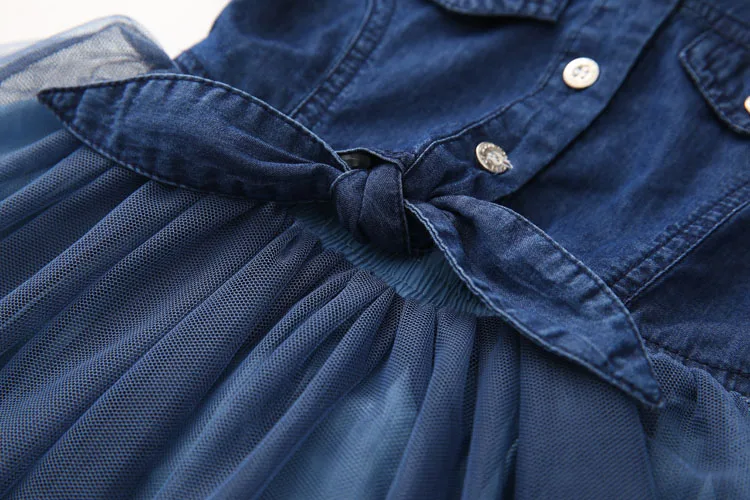 2018 Summer 2-4 6 8 10 Years Little Kids Cute Short Sleeve Turn-down Collar Bow Patchwork Lace Denim Dress For Girls 10 Year Old (15)