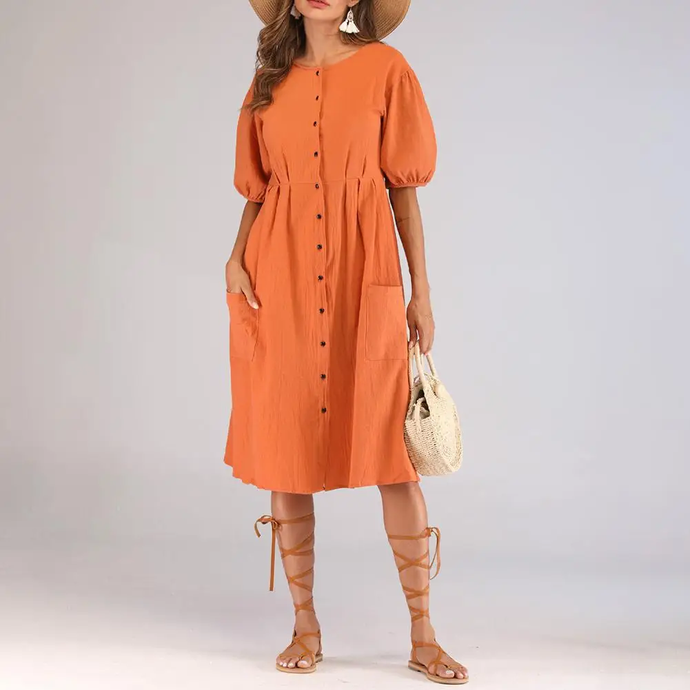 Yfashion новые модные женские платья летнее платье модное платье из хлопчатобумажной смеси с пуговицами, одежда миди Длинные платья оранжевого цвета