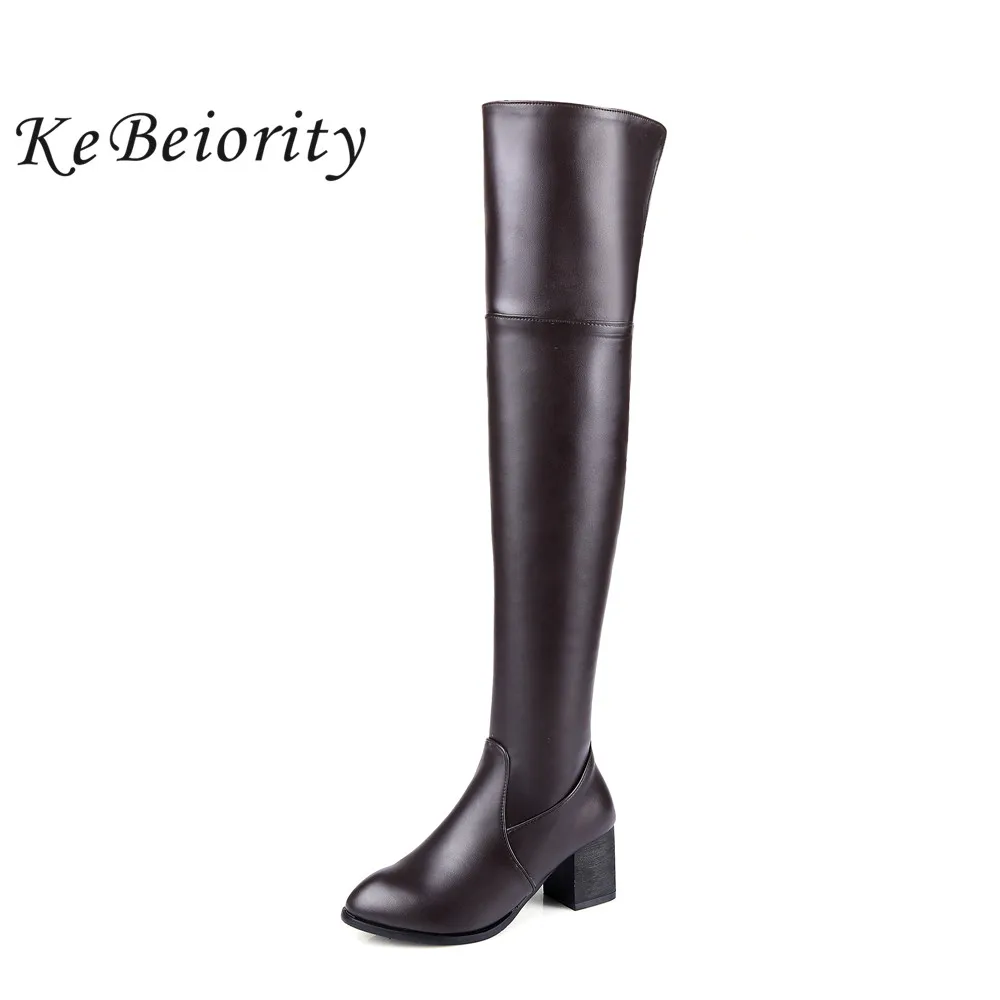 

KEBEIORITY Sexy White Black Brown Thigh High Boots Women Thick Heel Pointed Toe Autumn Over the Knee Boots Leather Plus Size
