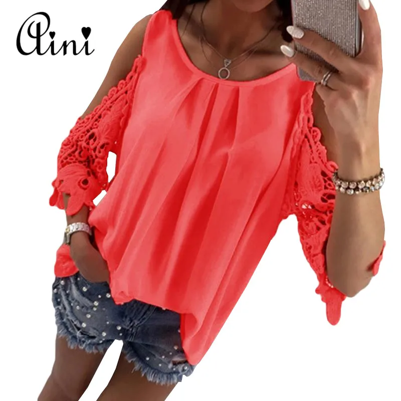 Womens Tops and Blouse Shirt 2018 Summer Top Casual Hollow Out Sleeve Off Shoulder Shirt Ladies Blouse Plus Size Boho Tunic Tops Blouses