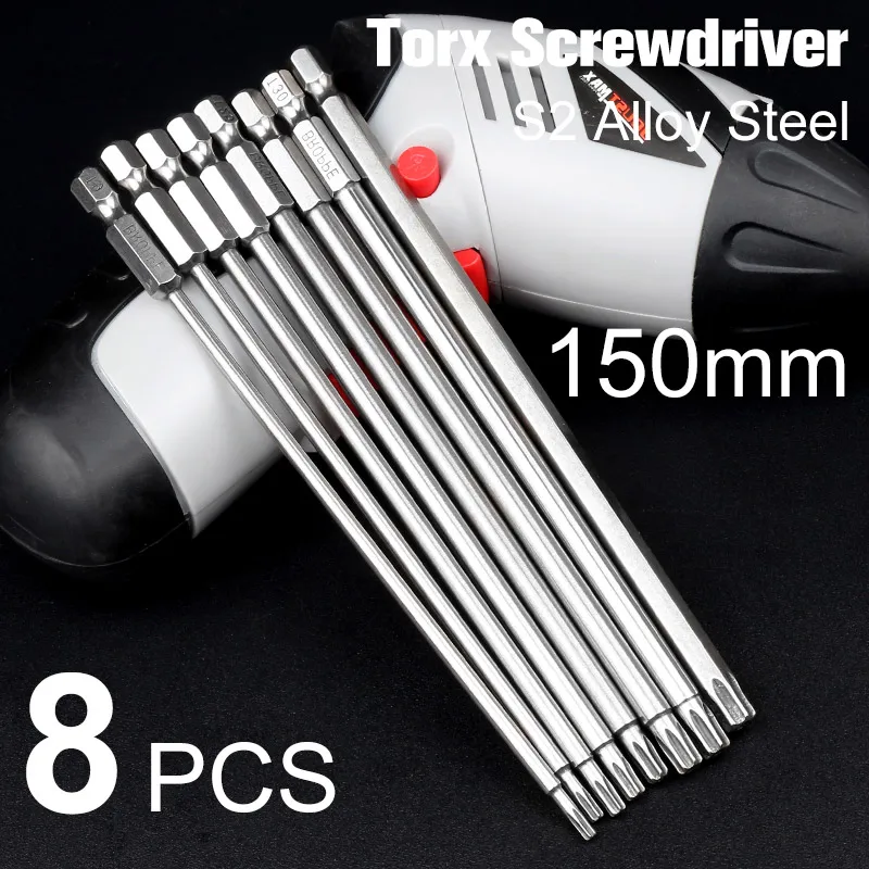

Doersupp 8Pcs 8 Sizes Electric 150mm Long 1/4 Inch Hex Shank Magnetic Torx Screwdriver Bits Set T9 T10 T15 T20 T25 T27 T30 T40