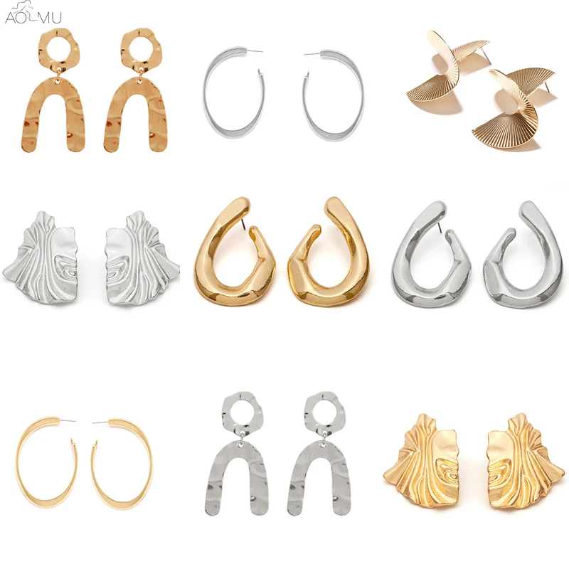 

AOMU Metal Gold Silver Irregular Geometric Smooth Curved Hollow Waterdrops Round Circle V-Shaped Drop Earrings for Women Jewelry