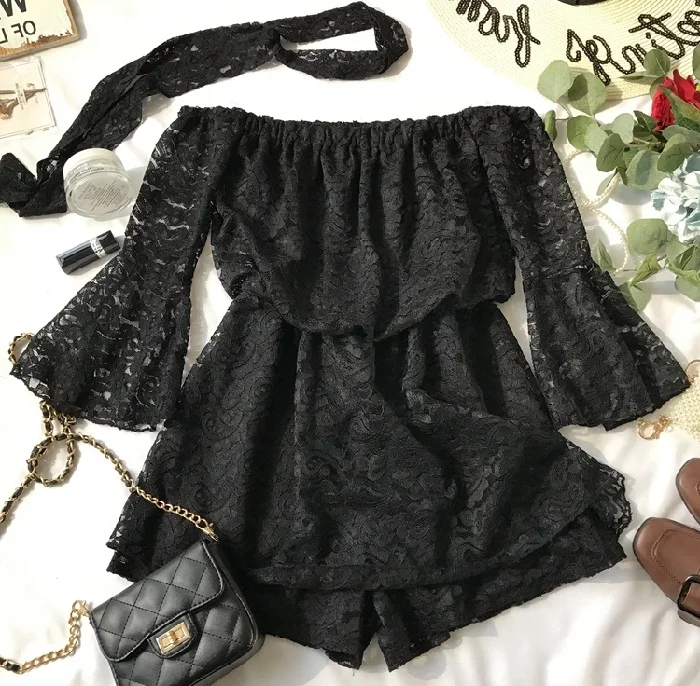 L& Y пикантные с воротником кружево Jumppsuits короткие летние для женщин Мода Flare рукавом Высокая талия Свободные Повседневное короткие костюмы Комб