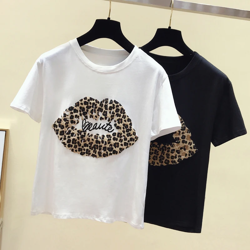 Лето 2019 Новое поступление leopard письма с коротким рукавом женская футболка летняя