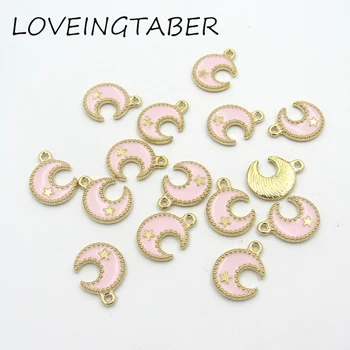 

Newest 16mm*12mm 30pcs/lot Gold Color Pink Enamel Moon with Stars Small Charm Pendants For Making Handmade Jewelry