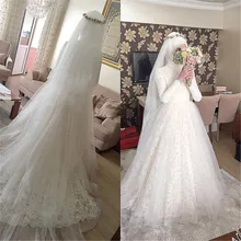 Muslim vestidos de novia Arabic Wedding Dress 2016 Puffy Lace Appliques Bridal Dresses Hijab Long Sleeve Wedding Gown