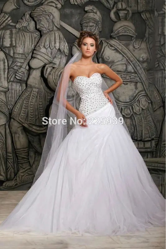 New Fashion Elegant Sweetheart Crystal Rhinestone Silver Beaded Tulle Long A line Sparkly 