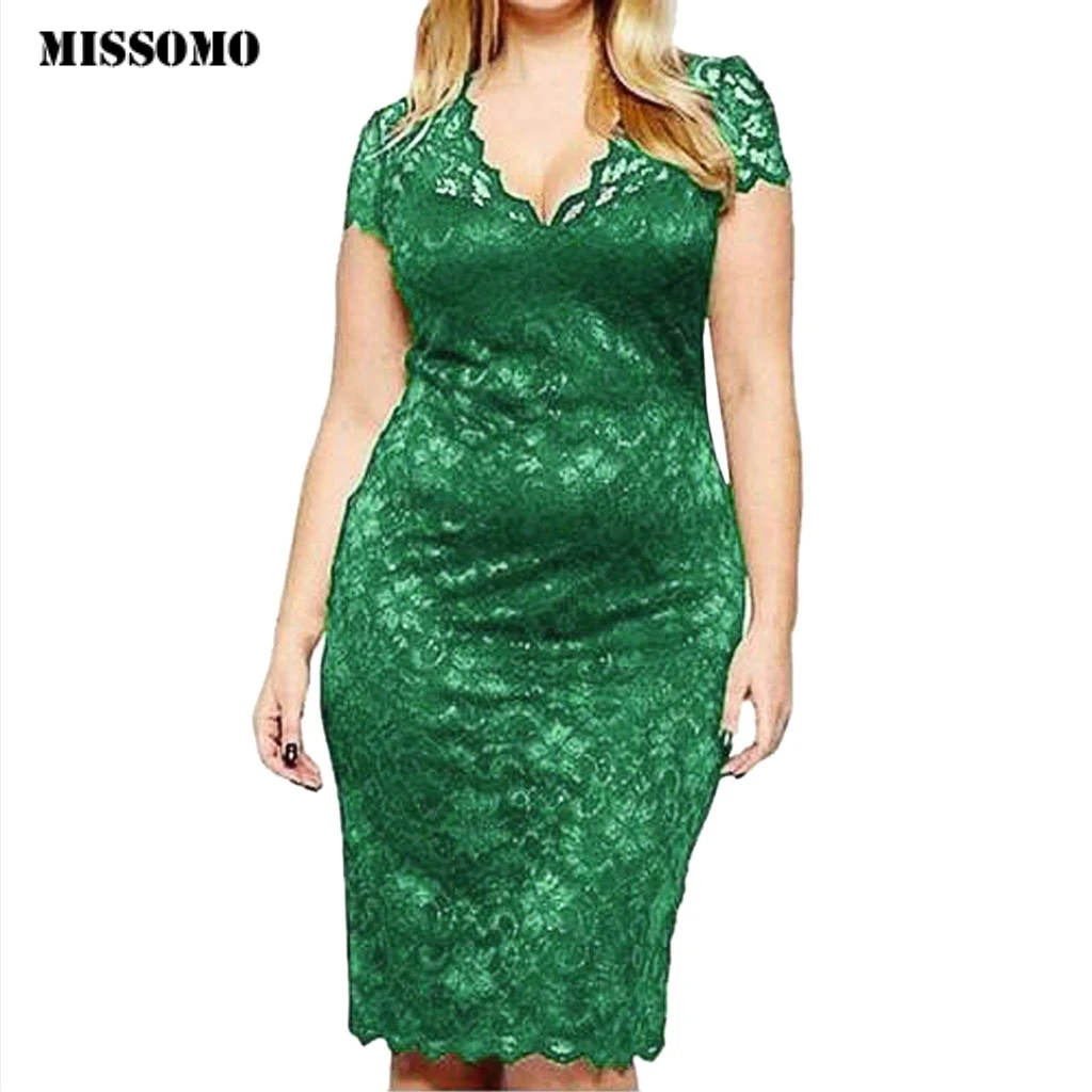 

MISSOMO Clothes Women Party Night dress Plue size 5XL Solid Lace V-Neck Lace Short Sleeve V-Neck Lace Hollow out Dress vestido