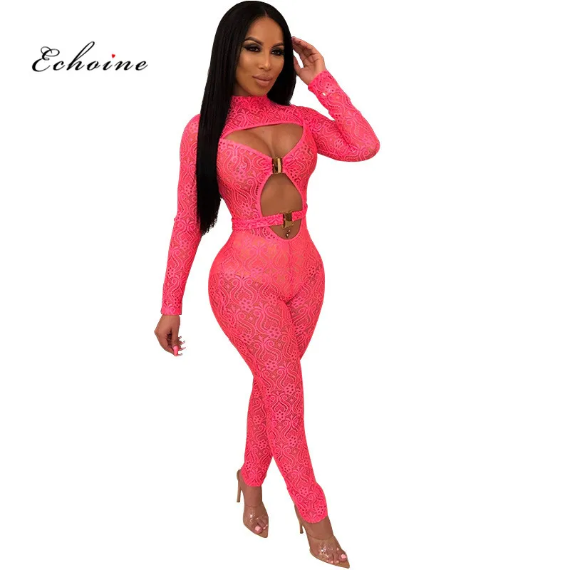 

Echoine Women Jumpsuit Lace Sexy Hollow Out See Through Stand Neck Fashion Tight Catsuit Long Pencil Pants Rompers Female Clothe