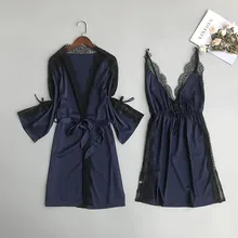 Сезон: весна–лето атлас Ночное Женское ночное белье Sxy кружева 2 шт халат кимоно Ванна платье Повседневное Ночная сорочка, ночное платье M, L, XL