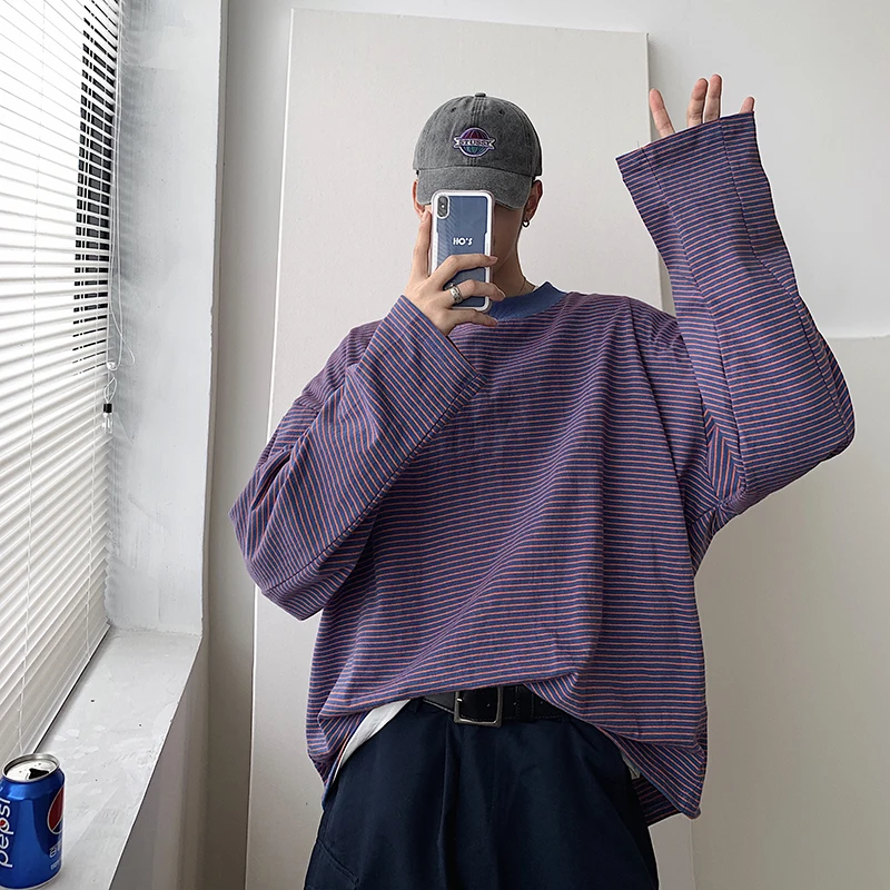 

2019 Spring Korean Men's Trend Wild Personality Striped Long-sleeved Round Neck Letter Casual T-shirt Harajuku