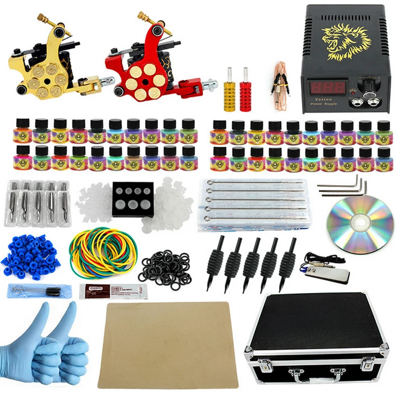 Professional Tattoo kit Great Complete Equipment Dual machine 40 color Tattoo Machine set 2 Gun Power Supply Cord Kit tool box