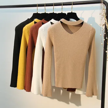 

Knitted Sweater New Winter Thick Long Sleeve Pullover Feamle Hanging Neck V Neck Tops Stretch Solid Color plus size