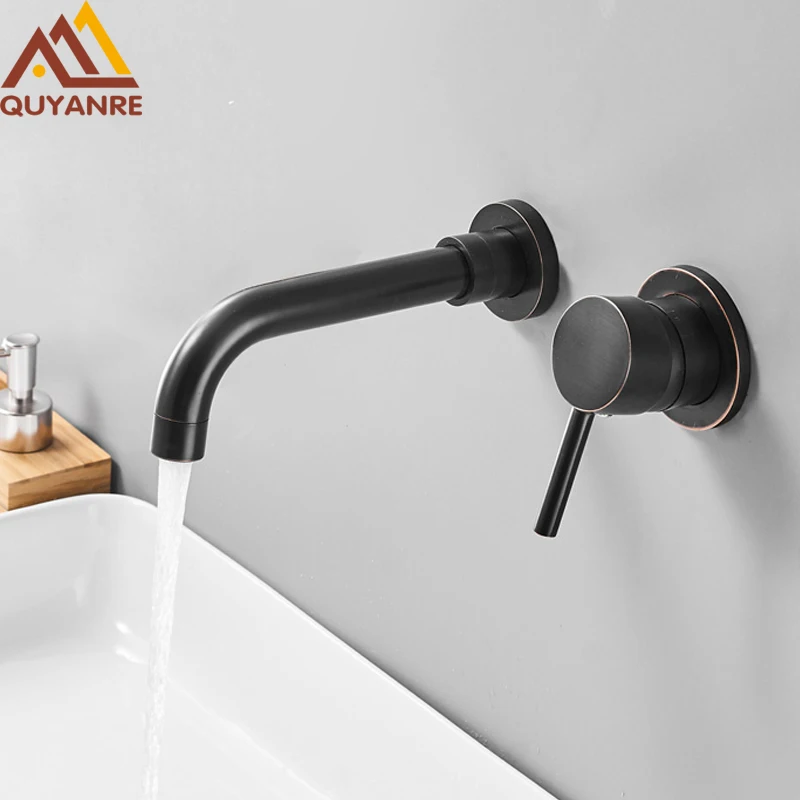 quyanre wanfan frap gappo black wall mount basin faucet single lever mixer tap 360 rotation long spout basin faucet