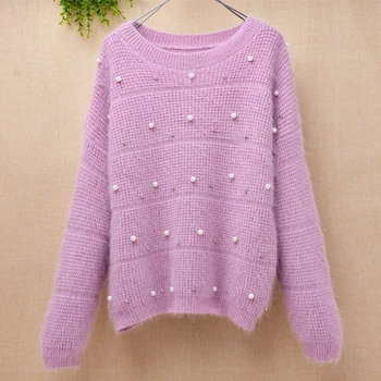 

Elegant casual female lady autumn winter real rabbit fur hand knitted beading loose long sleeves pullover bottoming sweater coat