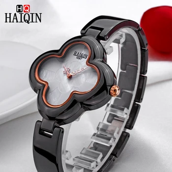 

HAIQIN New Women's Watches Female Four Leaf Clover Shape Bracelet Analog Watch Quartz Ceramic Wristwatch Waterproof Clock Women