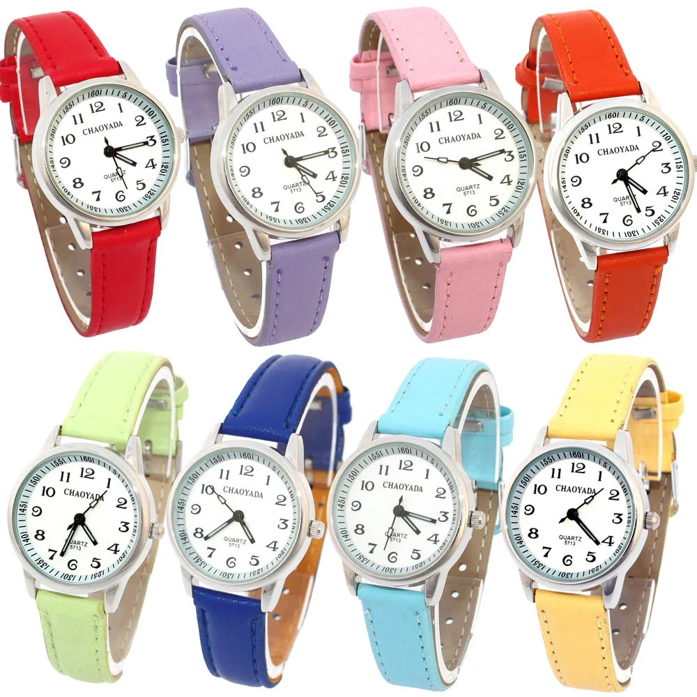 Chaoyada child Watches Girl Leather Strap Learn Time Kids Watch Students Quartz Wristwatch Casual Fashion Children's Gifts 3