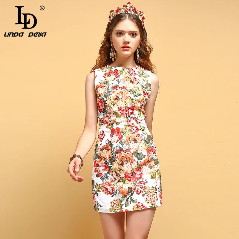 

LD LINDA DELLA Fashion Runway Vest Dress Women's Sleeveless Crystal Beading Floral Print Elegant Casual Vacation Mini Dresses