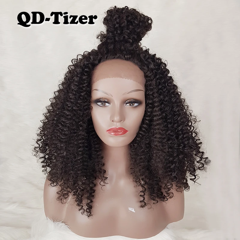 QD-Tizer африканские кудрявые волосы синтетические парики на шнурках спереди бесклеевые курчавые завитые волосы натуральный цвет кружева передние парики для черных женщин