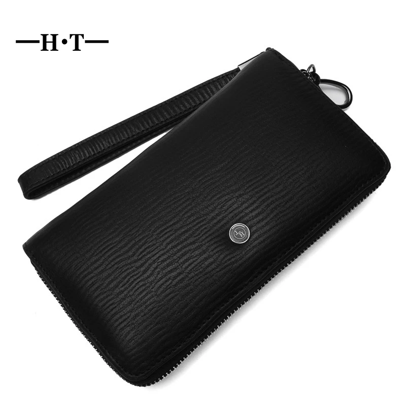 

HT 100% Cow Leather Wallet Men Long Purses Simple Style Mans Wallets With Strap Embossed Card Holders Day Clutches Coin Purse