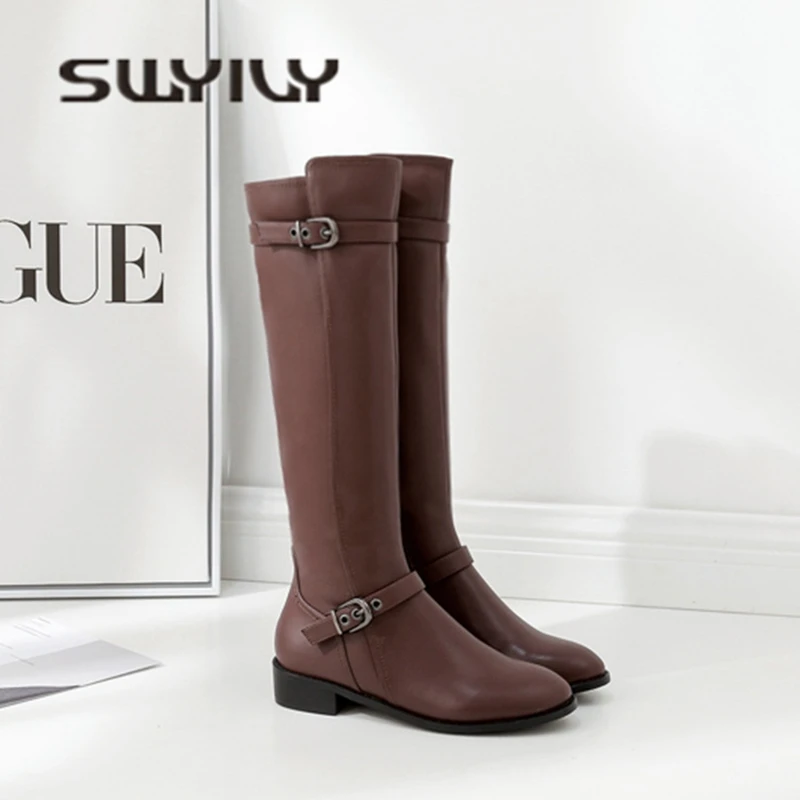 SWYIVY Cow Hide Genuine Leather Snow Boots Woman Autumn Winter Plush Fur Warm Casual Shoes High Ladies Riding Boots Cotton Shoes