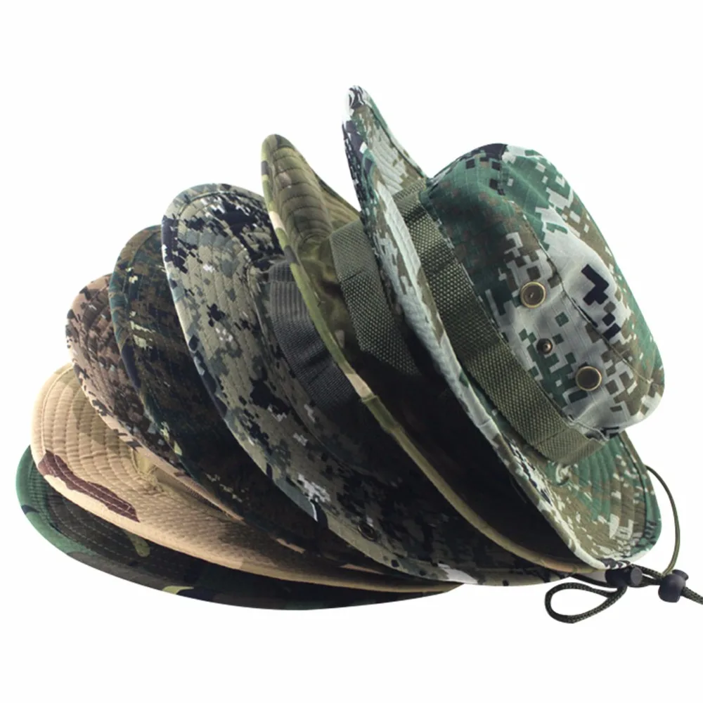 

Hot Camouflage Bucket Hats Wide Brim Sun Caps Camo Fishing Hunting Hiking Women Men Safari Summer Jungle With String Boonie Hat