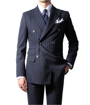 

2017 Stripe Men Suit Custom Made Navy Blue Mens Striped Suit Tailored Double Breasted Men Suits With Ticket Pocket (Jacket+Pant)