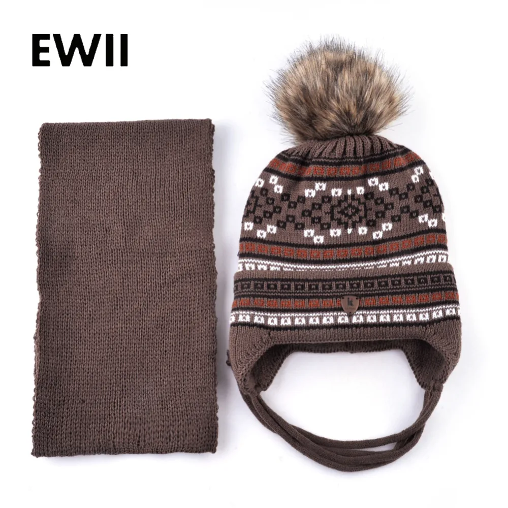 

2018 Imitation fur pompom caps kids scarf set warm knitted hats children winter cap bonnet boys fashion beanie hat baby