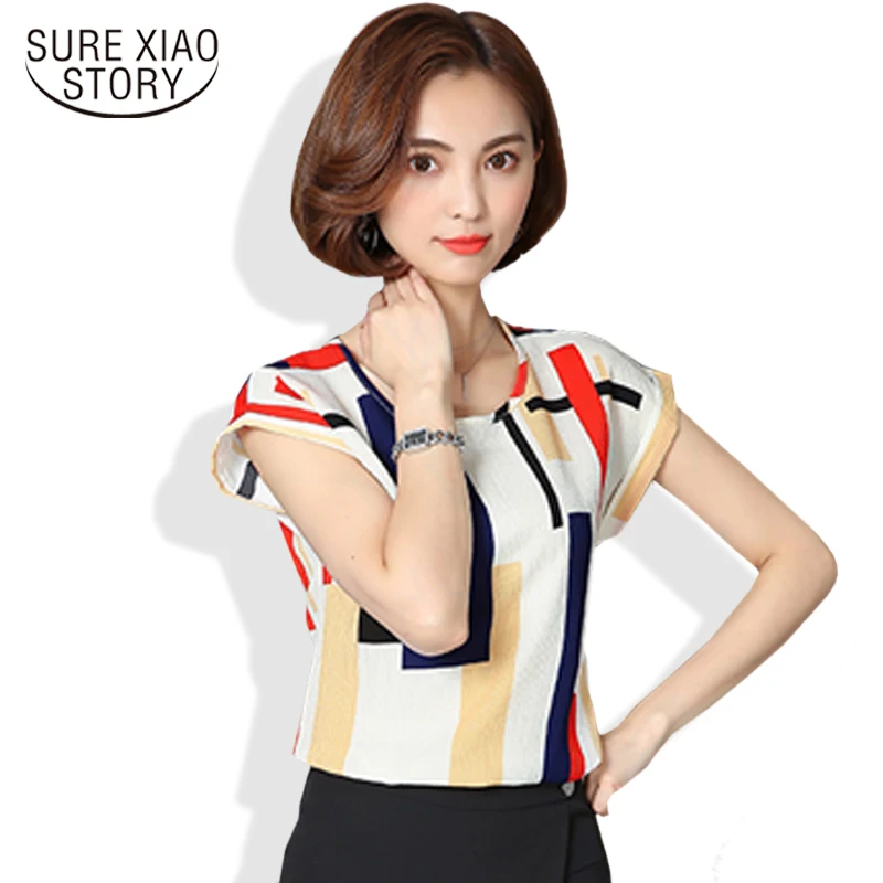 

2019 New summer Fashion short Sleeve Printed Chiffon Plus Size women blouse Casual Loose Lady's striped shirt Tops 10B 30