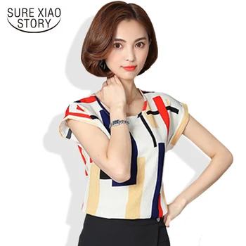 

2019 New summer Fashion short Sleeve Printed Chiffon Plus Size women blouse Casual Loose Lady's striped shirt Tops 10B 30