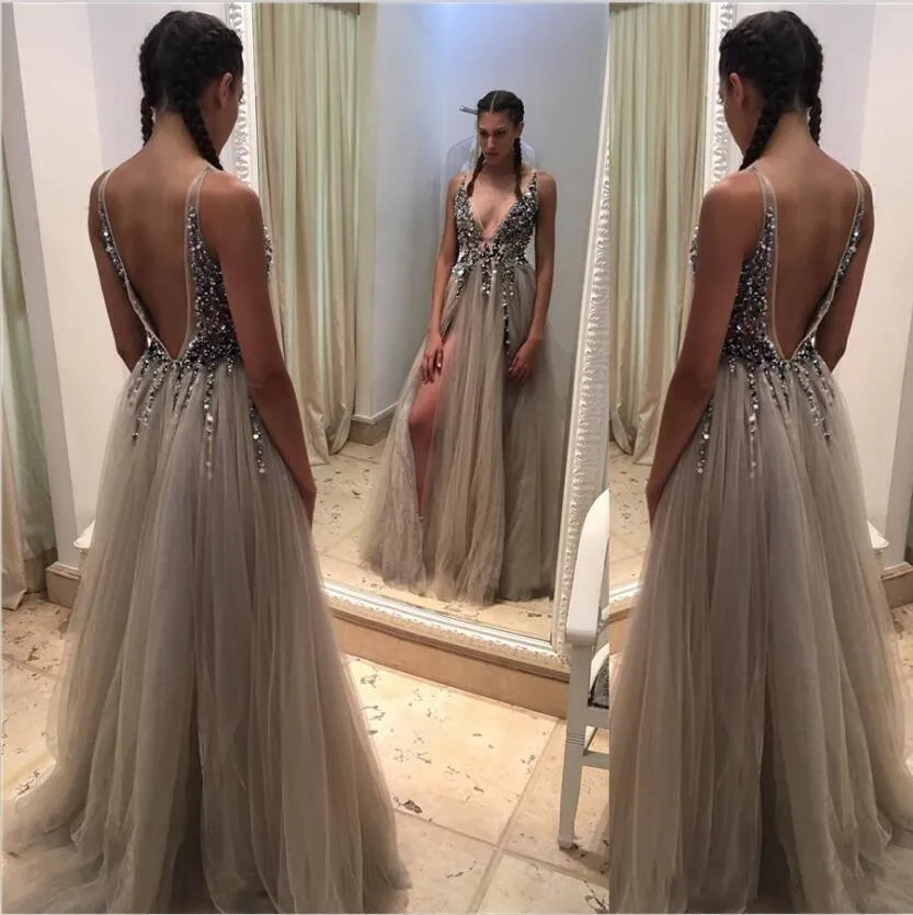 Preise Sexy Tiefe V ausschnitt Side Split Lange Abend Kleid 2019 Neue Ankünfte Backless Sparkly Hohe Slit Sehen Durch Abendkleider Lang