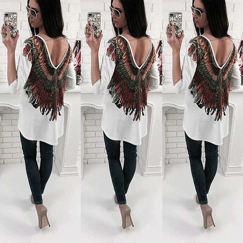 2018 Women Feather Print T shirt Harajuku Sexy Backless Deep V Wings Long Sleeve Loose Tees Top Casual White Black T-shirt Blusa