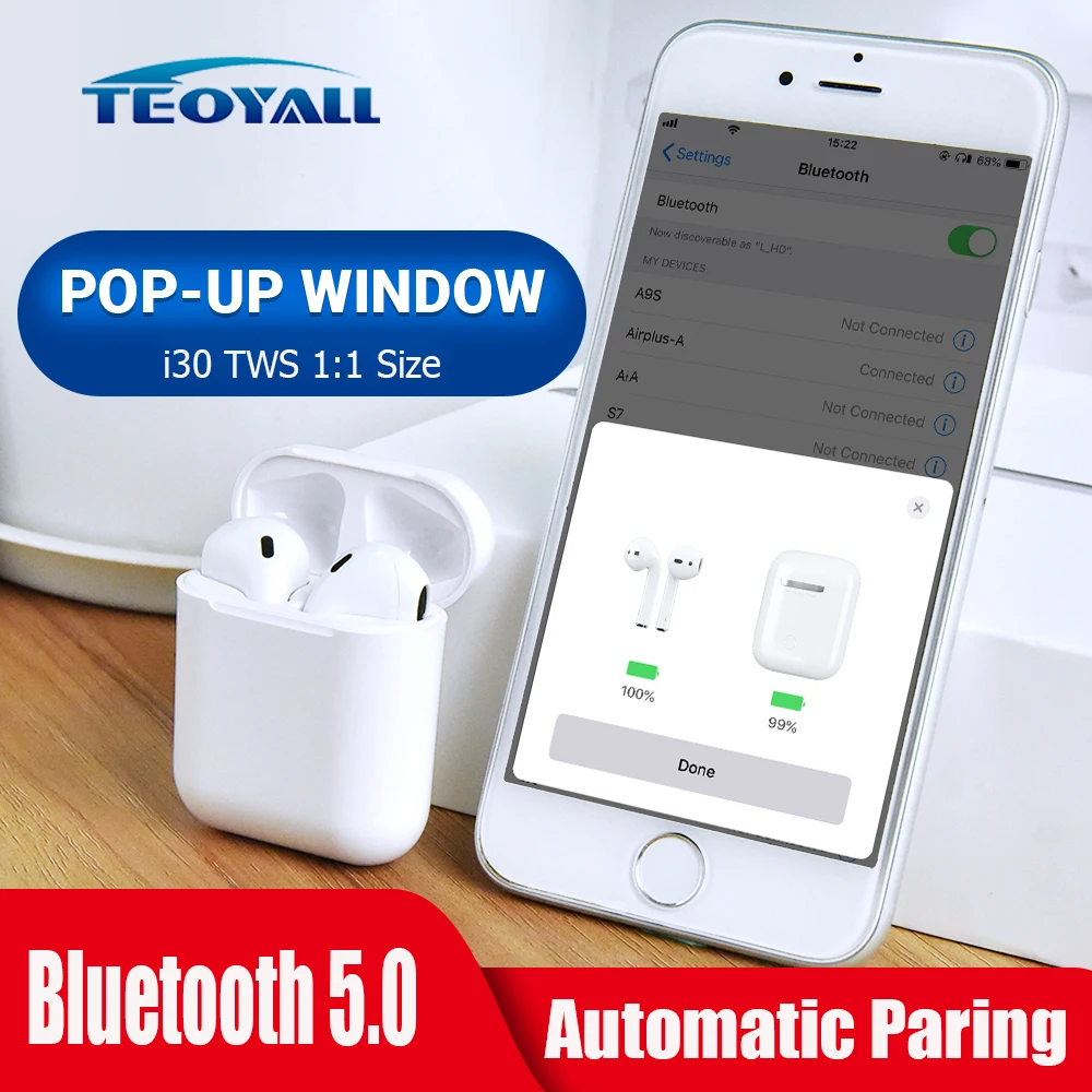 

i30 TWS Pop-up 1:1 size Replica Wireless Bluetooth Earphone 5.0 Earbuds Mini Bluetooth Headset Sport air Beat Redmi airdots pods