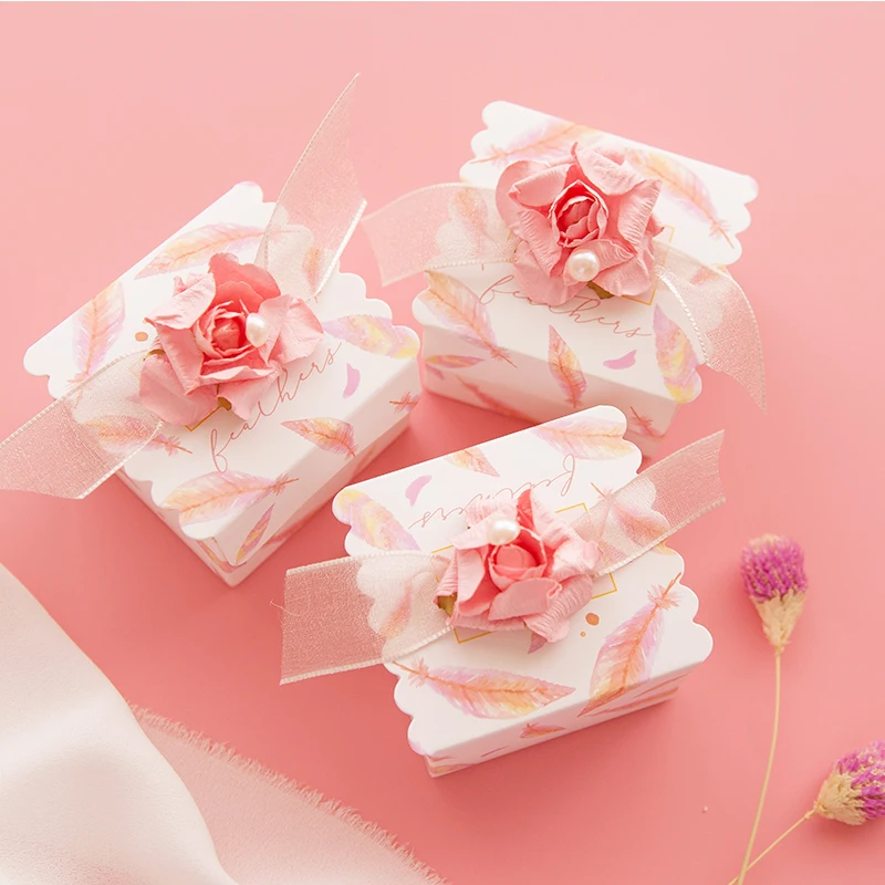 

50Pcs Dream Pink gift box wedding favor box baby shower baptism candy box chocolate packaging boxes goodie bags Party Supplies