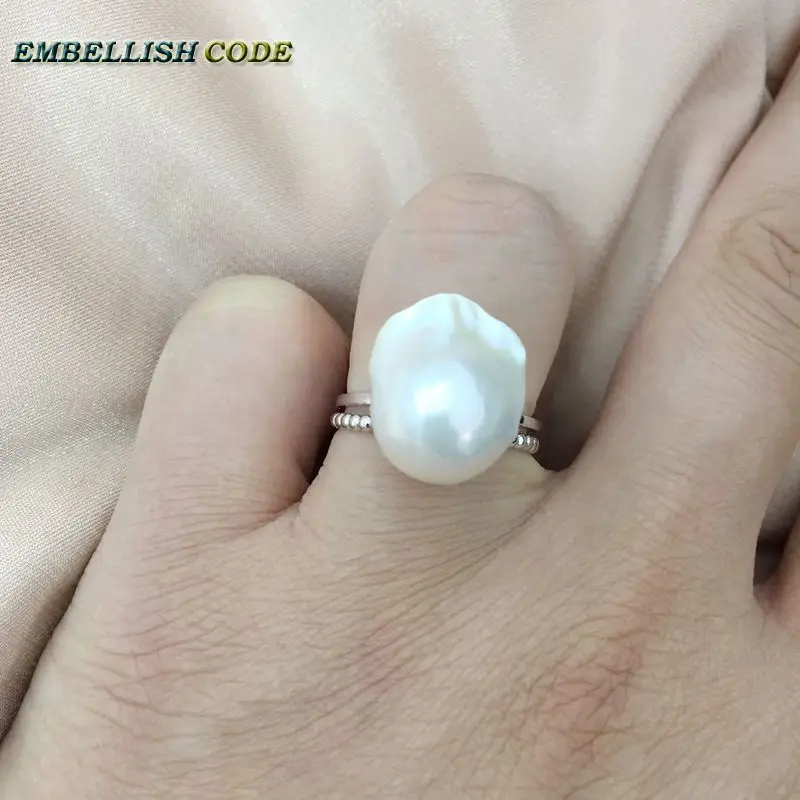 Adjustable size Resize baroque pearl 925 silver Ring simple modern white Lustrous tissue nucleated fire ball shape for women