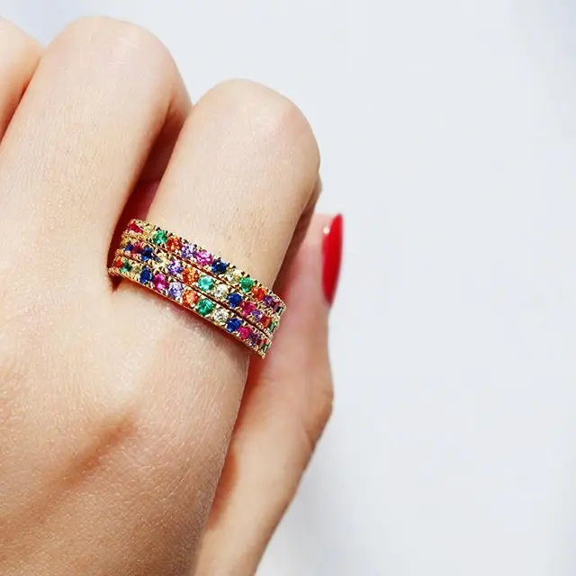 

Gold filled paved multi color rainbow thin cz stack round finger rings for party wedding gift 2019 latest new arrived cz jewelry