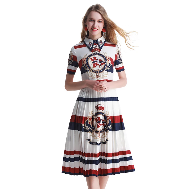 

Print Vintage Women Summer Dress Runway Designer Dresses Ladies Clothes Print Shirt Collar Pleated Dress Femme High Quality